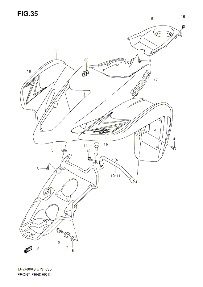 GARDE BOUE AVANT POUR SUZUKI QUADSPORT 400 2008 POUR QUADSPORT 400Z LT Z400 K8  LT Z400Z K8 