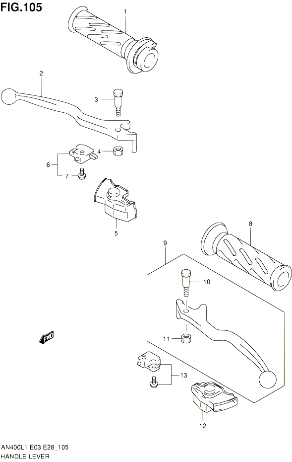 ENSEMBLE LEVIERS POIGNEES AN400L1 E03 POUR SUZUKI BURGMAN 400 2011 POUR BURGMAN 400 AN400A L1  AN400ZA L1 