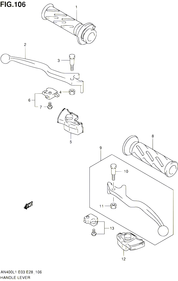 ENSEMBLE LEVIERS POIGNEES AN400L1 E33 POUR SUZUKI BURGMAN 400 2011 POUR BURGMAN 400 AN400A L1  AN400ZA L1 