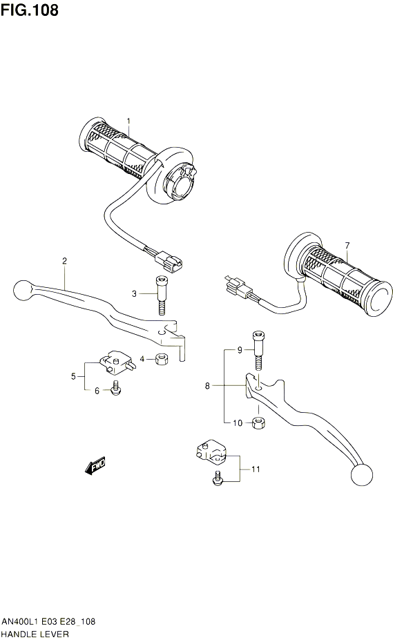 ENSEMBLE LEVIERS POIGNEES AN400ZAL1 E28 POUR SUZUKI BURGMAN 400 2011 POUR BURGMAN 400 (AN400A L1 / AN400ZA L1 )