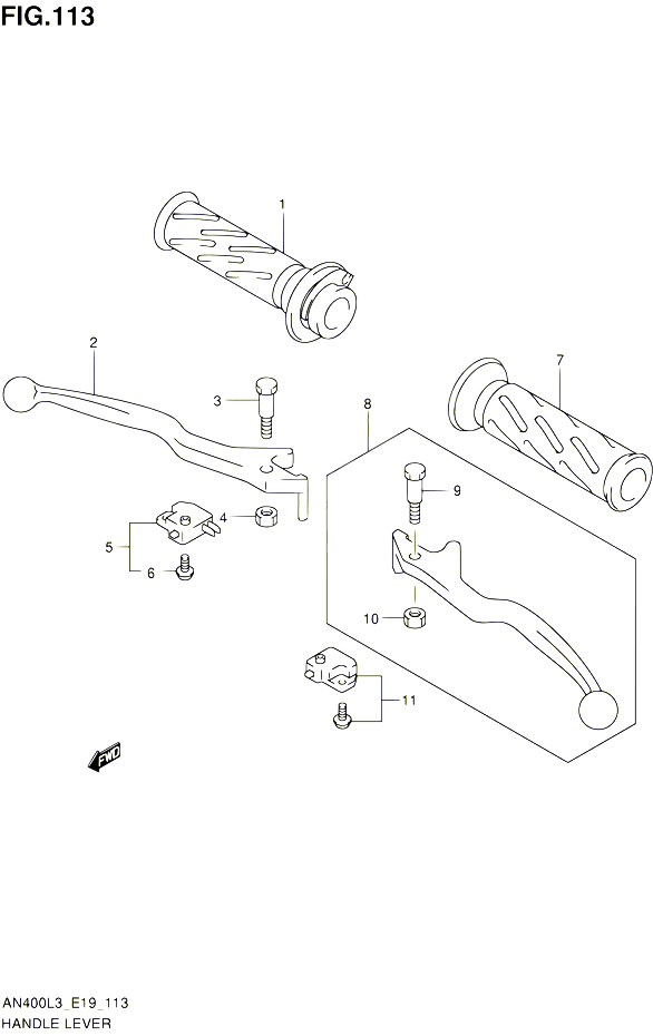 ENSEMBLE LEVIERS POIGNEES AN400AL3 E19 POUR SUZUKI BURGMAN 400 2013 POUR BURGMAN 400 AN400A L3 