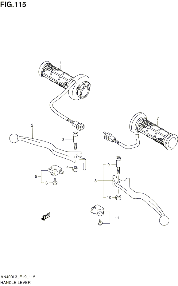 ENSEMBLE LEVIERS POIGNEES AN400ZAL3 E02 POUR SUZUKI BURGMAN 400 2013 POUR BURGMAN 400 AN400A L3 