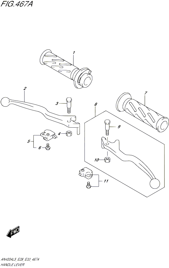 ENSEMBLE LEVIERS POIGNEES AN400AL5 E33 POUR SUZUKI BURGMAN 400 2015 POUR BURGMAN 400 AN400A L5 AN400ZA L5 