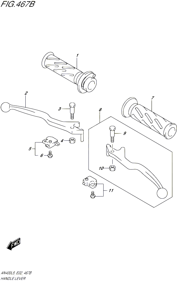 ENSEMBLE LEVIERS POIGNEES AN400AL5 E02 POUR SUZUKI BURGMAN 400 2015 POUR BURGMAN 400 AN400A L5 