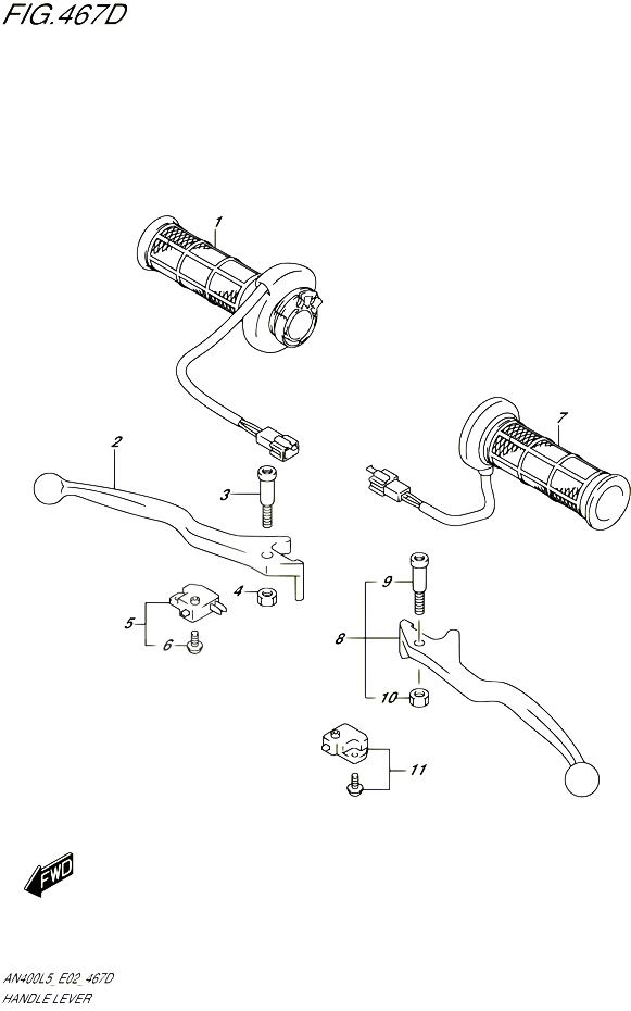 ENSEMBLE LEVIERS POIGNEES AN400ZAL5 E02 POUR SUZUKI BURGMAN 400 2015 POUR BURGMAN 400 AN400A L5 