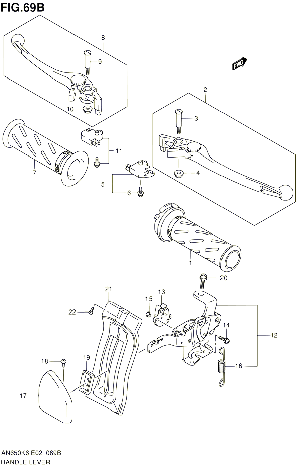 ENSEMBLE LEVIERS POIGNEES AN650K9 L0 E02E19E24 POUR SUZUKI BURGMAN 650 2010 POUR SUZUKI BURGMANAN650A L0 
