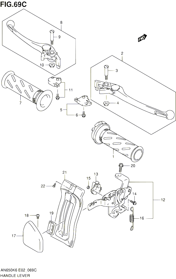 ENSEMBLE LEVIERS POIGNEES AN650AK9 AL0 E24E51P37 POUR SUZUKI BURGMAN 650 2010 POUR SUZUKI BURGMANAN650A L0 