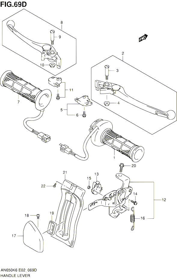 ENSEMBLE LEVIERS POIGNEES AN650AK9 AL0 E02E19 POUR SUZUKI BURGMAN 650 2010 POUR SUZUKI BURGMANAN650A L0 
