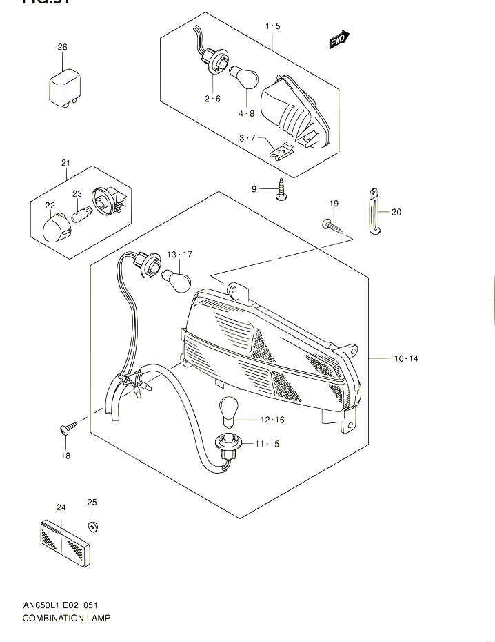 ENSEMBLE FEU ARRIERE CLIGNOTANTS AN650L1 E19 POUR SUZUKI BURGMAN 650 2011 POUR SUZUKI BURGMANAN650A L1 