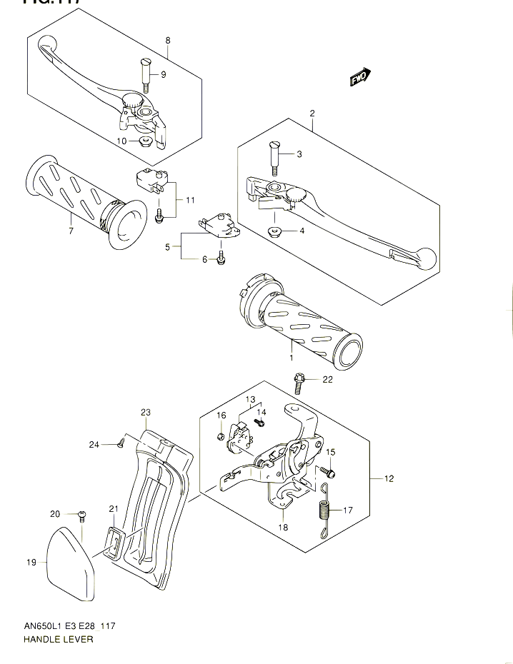 ENSEMBLE LEVIERS POIGNEES AN650L1 E33 POUR SUZUKI BURGMAN 650 2011 POUR SUZUKI BURGMANAN650 L1 
