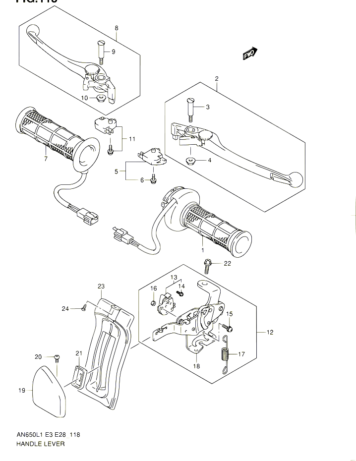 ENSEMBLE LEVIERS POIGNEES AN650AL1 E28 POUR SUZUKI BURGMAN 650 2011 POUR SUZUKI BURGMANAN650 L1 