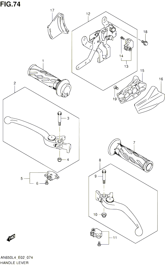 ENSEMBLE LEVIERS POIGNEES AN650L4 E19 POUR SUZUKI BURGMAN 650 2014 POUR BURGMAN 650 AN650 L4 