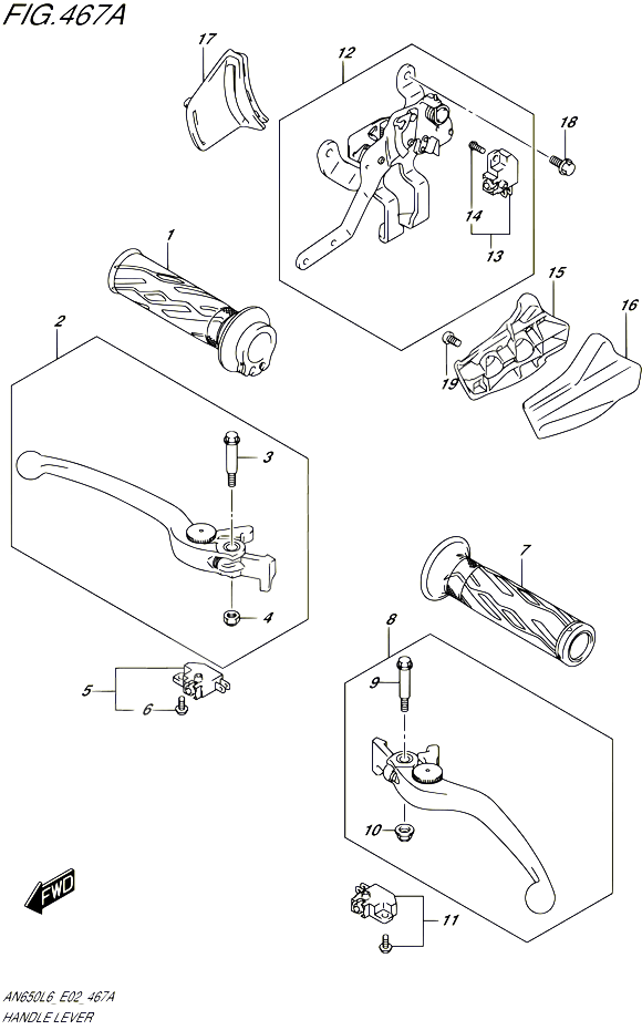 ENSEMBLE LEVIERS POIGNEES AN650L6 E19 POUR SUZUKI BURGMAN 650 2016 POUR BURGMAN 650 AN650 L6 