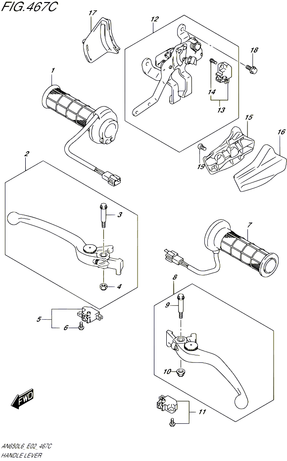 ENSEMBLE LEVIERS POIGNEES AN650ZL6 E19 POUR SUZUKI BURGMAN 650 2016 POUR BURGMAN 650 AN650 L6 