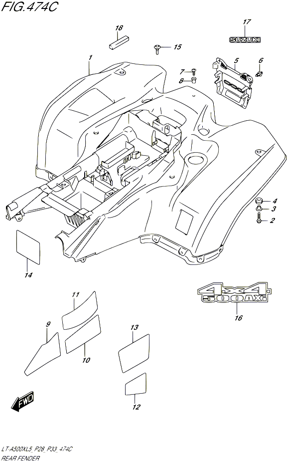 GARDE BOUE ARRIERE LT A500XZL5 P28 POUR SUZUKI KINGQUAD 500 1992 POUR SUZUKI KINGQUADLT A500X L5  LT A500XZ L5 