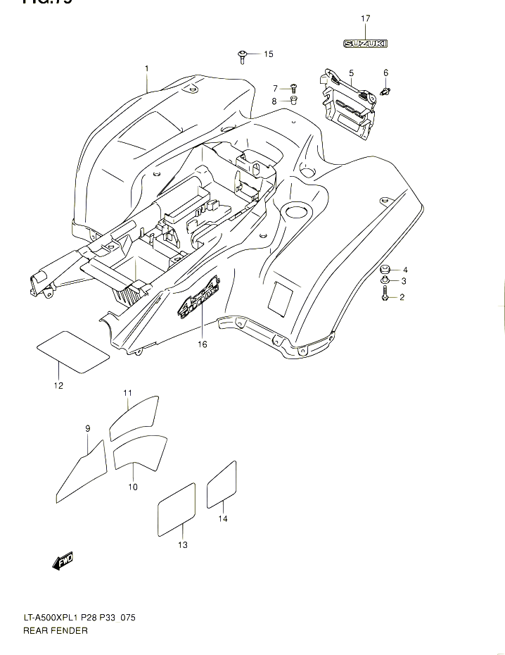 GARDE BOUE ARRIERE LT A500XPZL1 P28 POUR SUZUKI KINGQUAD 500 2011 POUR SUZUKI KINGQUADLT A500XP L1 LT A500XPZ L1 