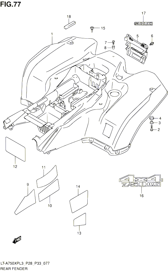 GARDE BOUE ARRIERE LT A750XPZL3 P33 POUR SUZUKI KINGQUAD 750 2013 POUR SUZUKI KINGQUADLT A750XP L3 LT A750XPZ L3 