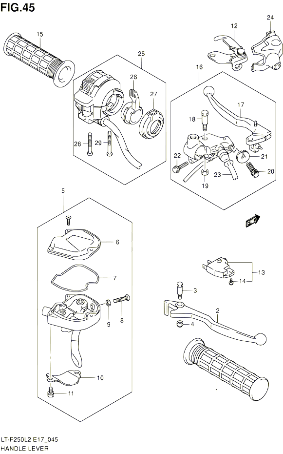 ENSEMBLE LEVIERS POIGNEES LT F250L2 E17 POUR SUZUKI OZARK 250 2012 POUR SUZUKI OZARKLT F250 L2 