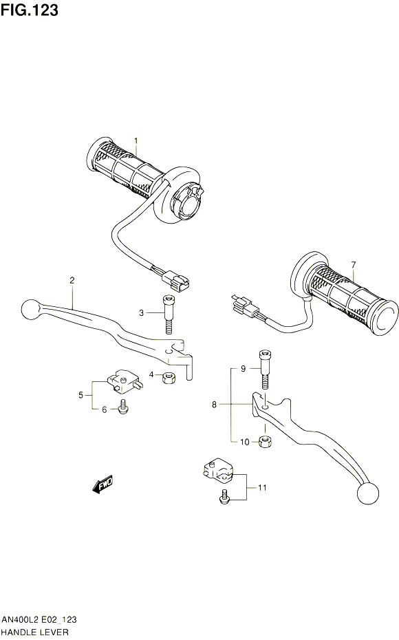 ENSEMBLE LEVIERS POIGNEES AN400ZAL2 E02 POUR SUZUKI BURGMAN 400 2012 POUR BURGMAN 400 AN400L2