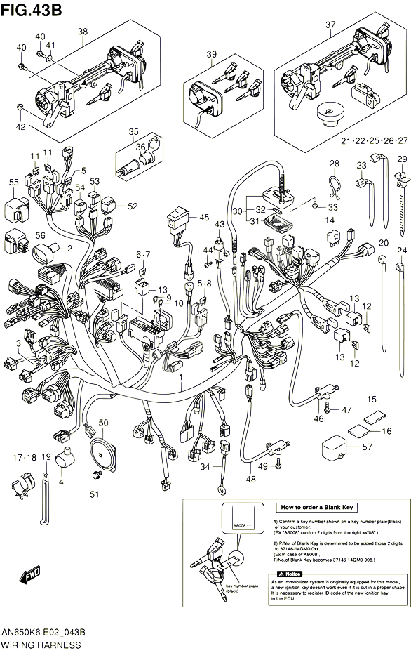 FAISCEAU ELECTRIQUE AN650AK9 AL0 E02 E19 P37 POUR SUZUKI BURGMAN 650 2006 POUR SUZUKI BURGMANAN650 K6 