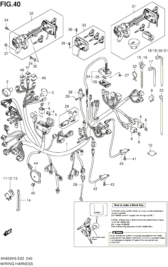 FAISCEAU ELECTRIQUE AN650K6  K7  K8  K9  L0 E02  E19  P37 POUR SUZUKI BURGMAN 650 2009 POUR SUZUKI BURGMANAN650 K9 