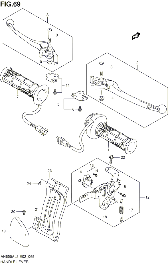 ENSEMBLE LEVIERS POIGNEES AN650AL2 E02 POUR SUZUKI BURGMAN 650 2012 POUR SUZUKI BURGMANAN650AL2