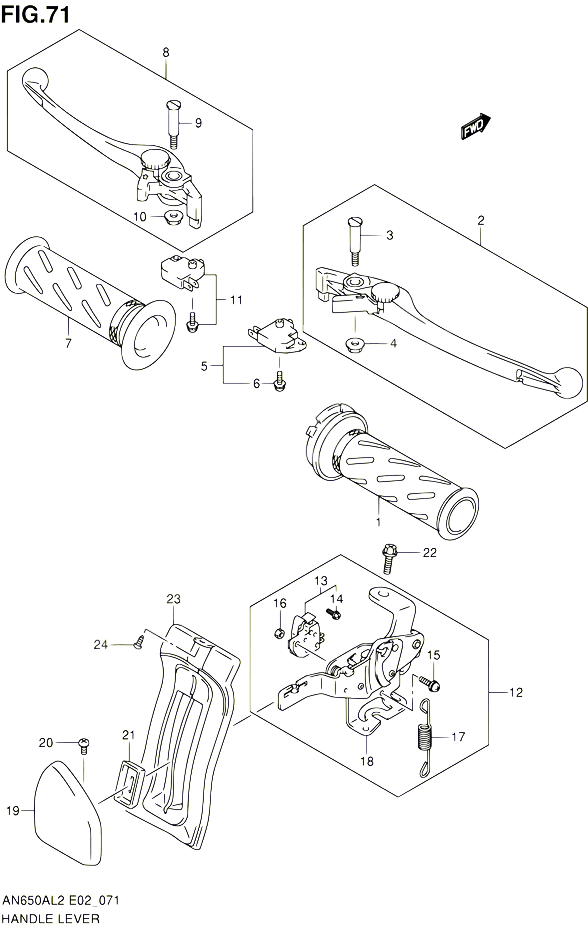 ENSEMBLE LEVIERS POIGNEES AN650AL2 E24 POUR SUZUKI BURGMAN 650 2012 POUR SUZUKI BURGMANAN650AL2